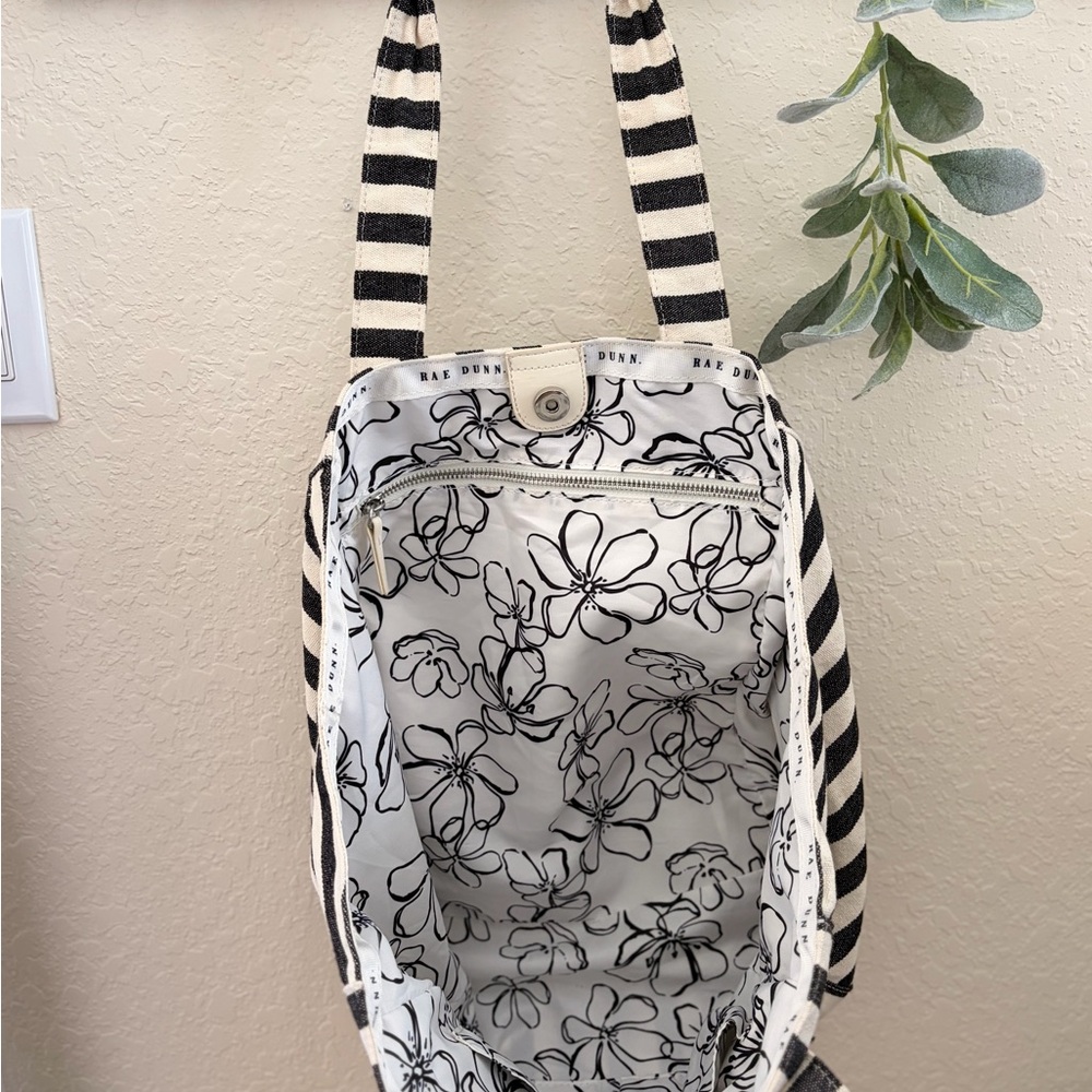 Rae Dunn Black White Striped Canvas Tote Bag Farmhouse Minimalist Shoulder Bag - Picture 8 of 13